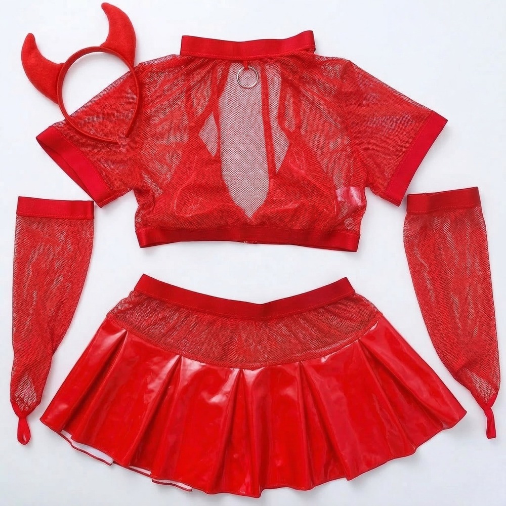 New Small Skirt Set Devil Halloween Costume Mesh Vegan Leather Latex Red Props
